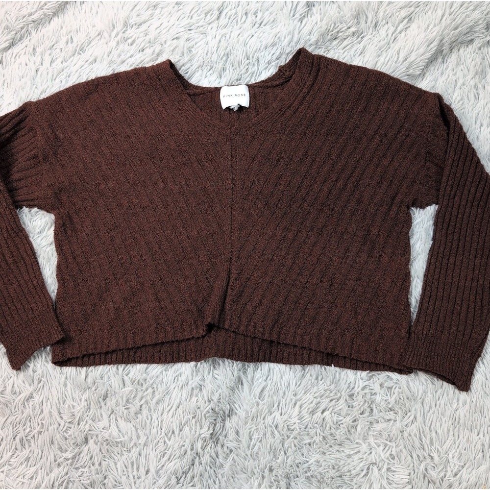 Pink Rose Sweater Womens L Brown Soft Comfort Preppy Textured Casual